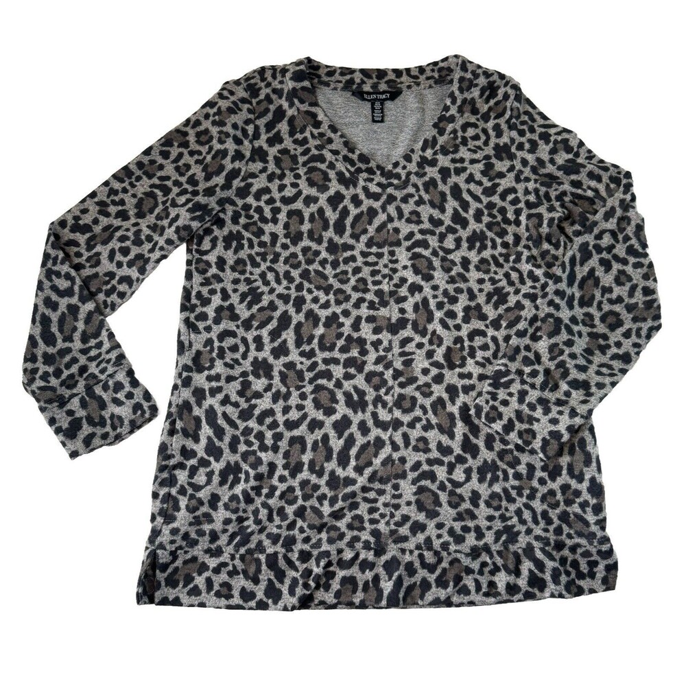 Ellen Tracy Leopard Print Sweater With Pockets Medium